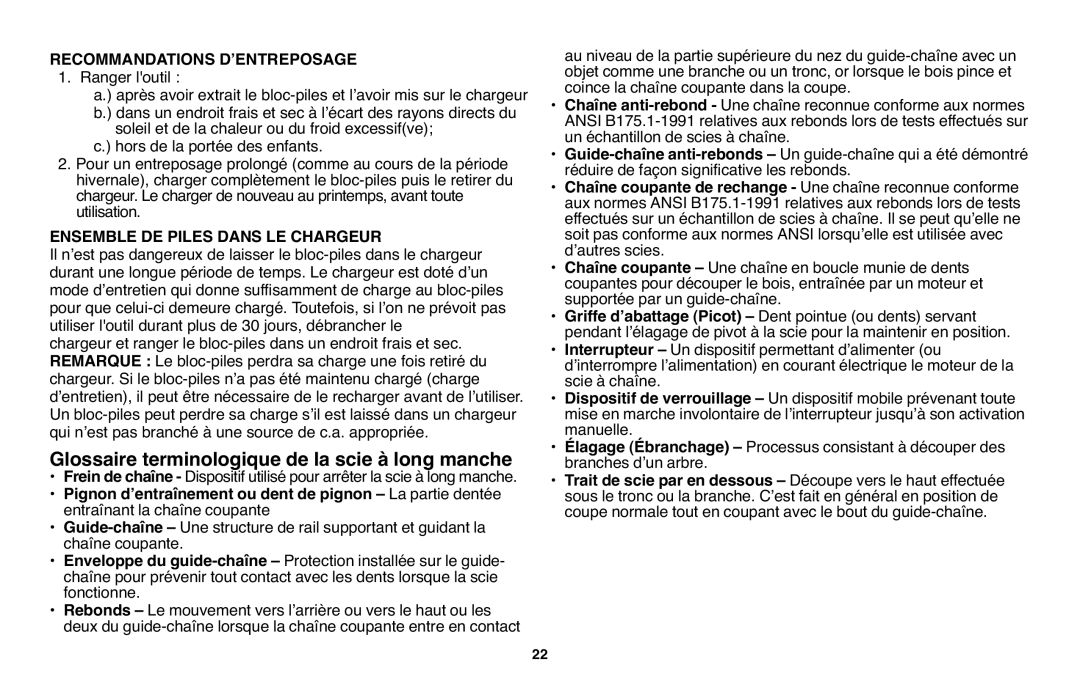 Black & Decker NPP2018 Glossaire terminologique de la scie à long manche, Recommandations DʼENTREPOSAGE, Ranger loutil 