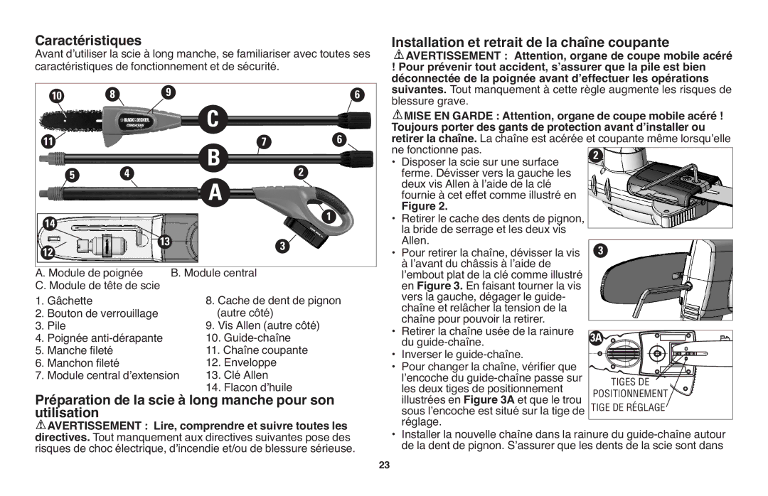 Black & Decker NPP2018 instruction manual Caractéristiques, Utilisation, Installation et retrait de la chaîne coupante 