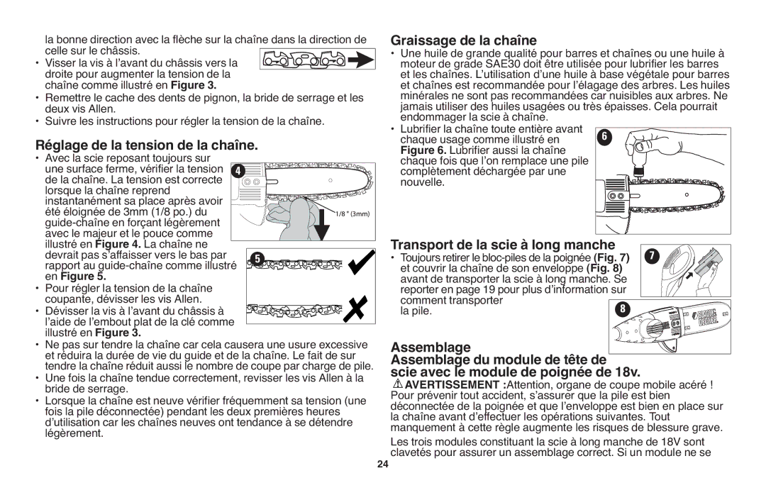 Black & Decker NPP2018 instruction manual Graissage de la chaîne, Réglage de la tension de la chaîne, Assemblage, En Figure 