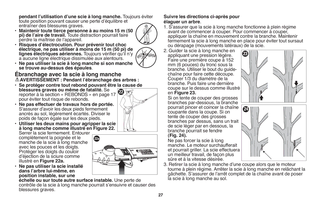 Black & Decker NPP2018 instruction manual Ébranchage avec la scie à long manche 