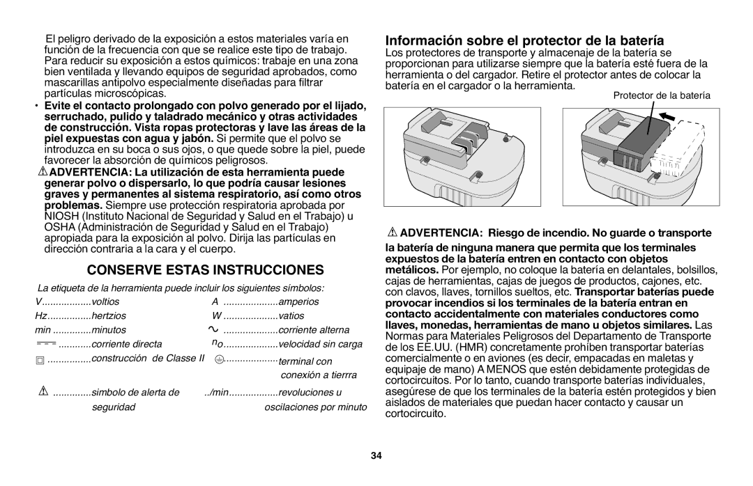 Black & Decker NPP2018 Información sobre el protector de la batería, Advertencia La utilización de esta herramienta puede 