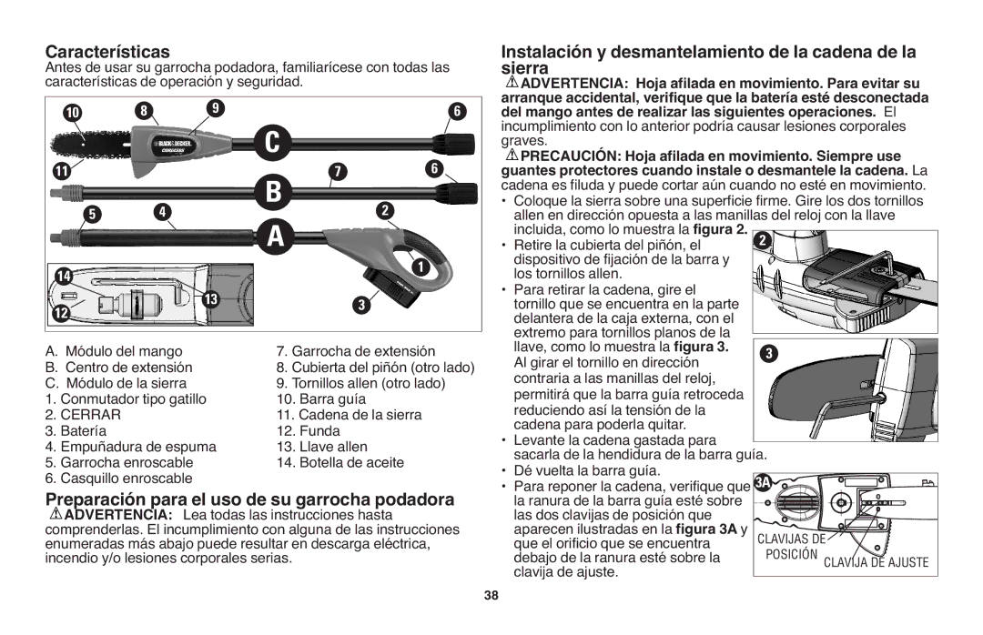 Black & Decker NPP2018 instruction manual Características, Instalación y desmantelamiento de la cadena de la, Sierra 