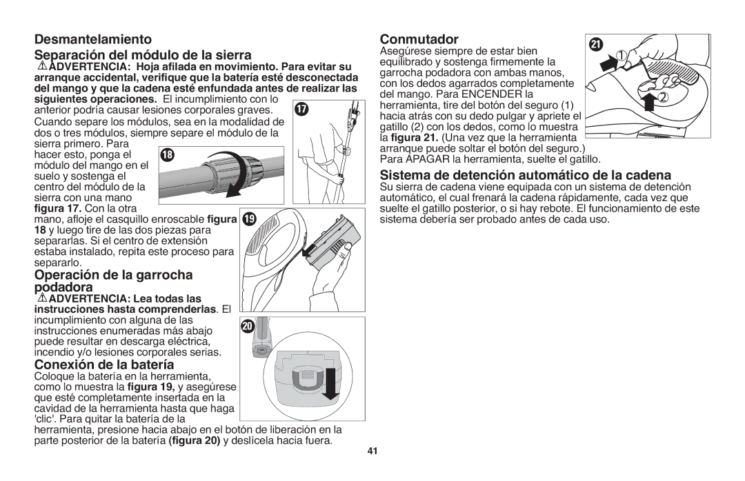 Black & Decker NPP2018 Desmantelamiento Separación del módulo de la sierra, Operación de la garrocha Podadora, Conmutador 