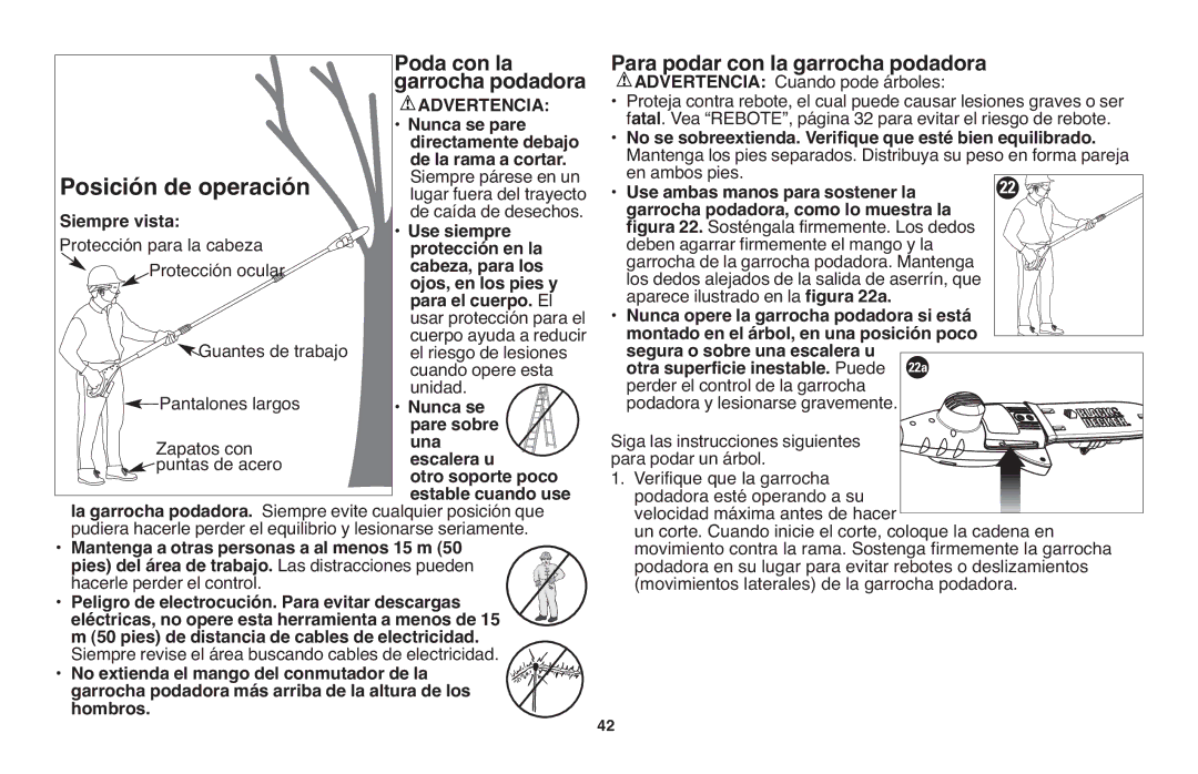 Black & Decker NPP2018 instruction manual Poda con la, Para podar con la garrocha podadora, Advertencia 