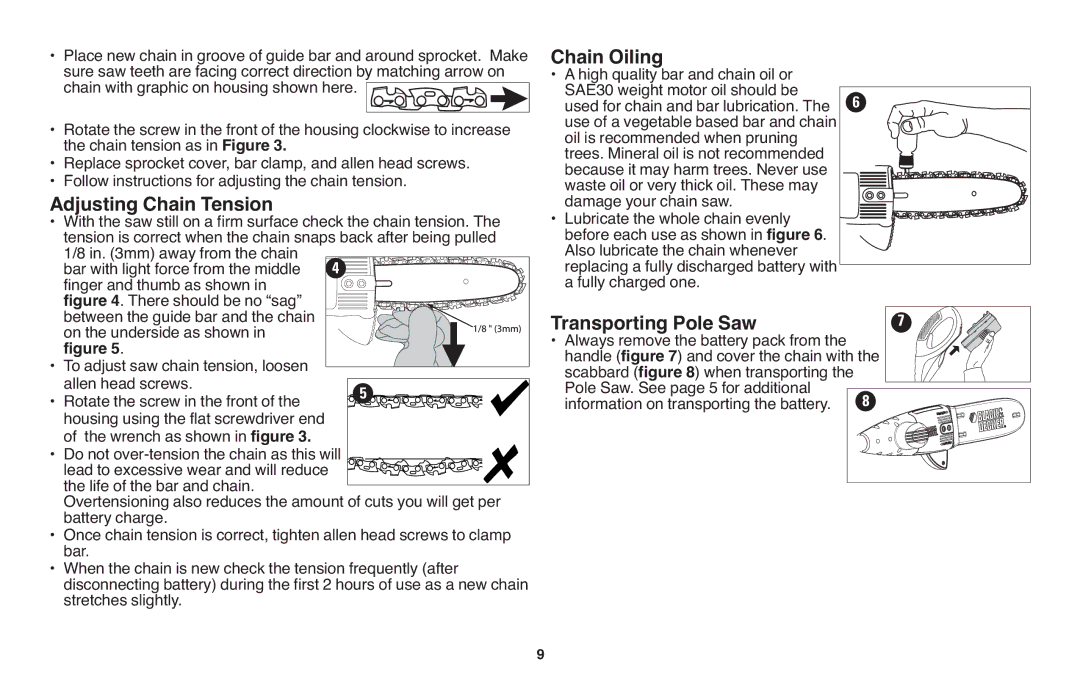 Black & Decker NPP2018 instruction manual Adjusting Chain Tension, Chain Oiling, Transporting Pole Saw, Stretches slightly 