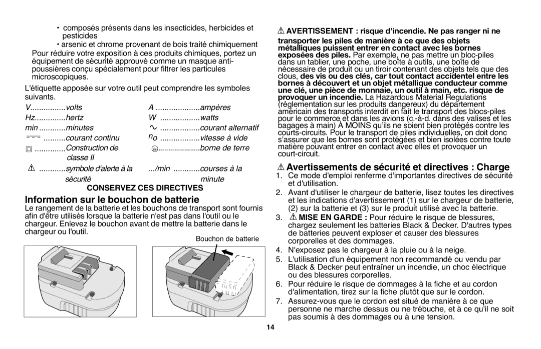 Black & Decker NPT318 instruction manual Avertissements de sécurité et directives Charge, Conservez CES Directives 