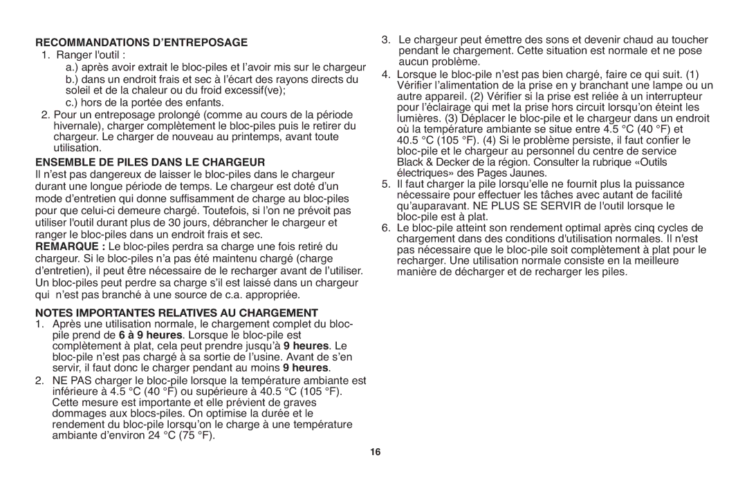 Black & Decker NPT318 instruction manual Recommandations DʼENTREPOSAGE, Ensemble DE Piles Dans LE Chargeur 