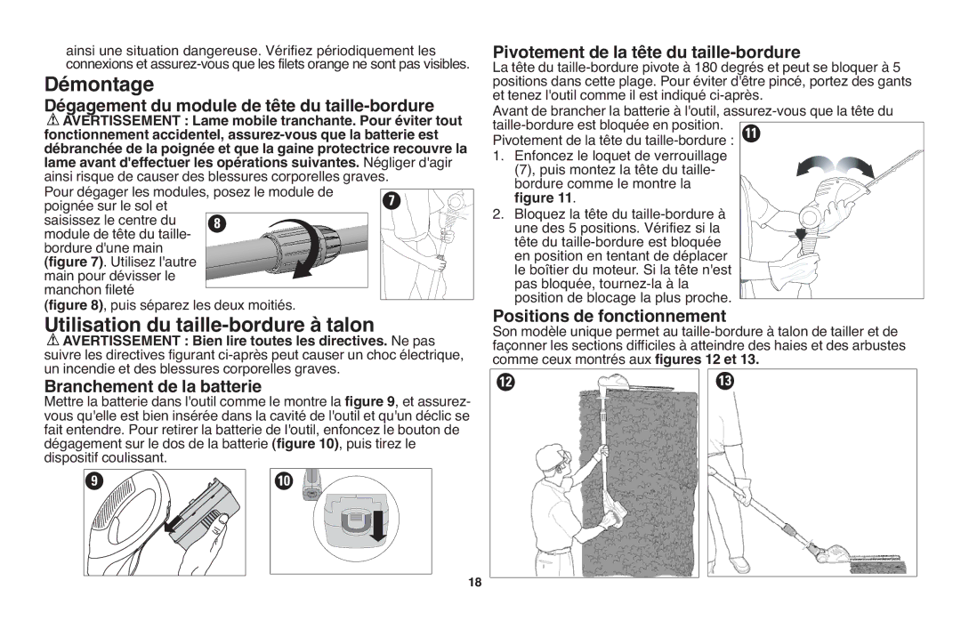 Black & Decker NPT318 instruction manual Démontage, Utilisation du taille-bordure à talon 