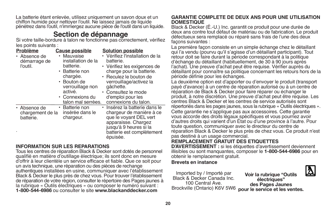 Black & Decker NPT318 Section de dépannage, Solution possible, Problème Cause possible, Brevets en instance 