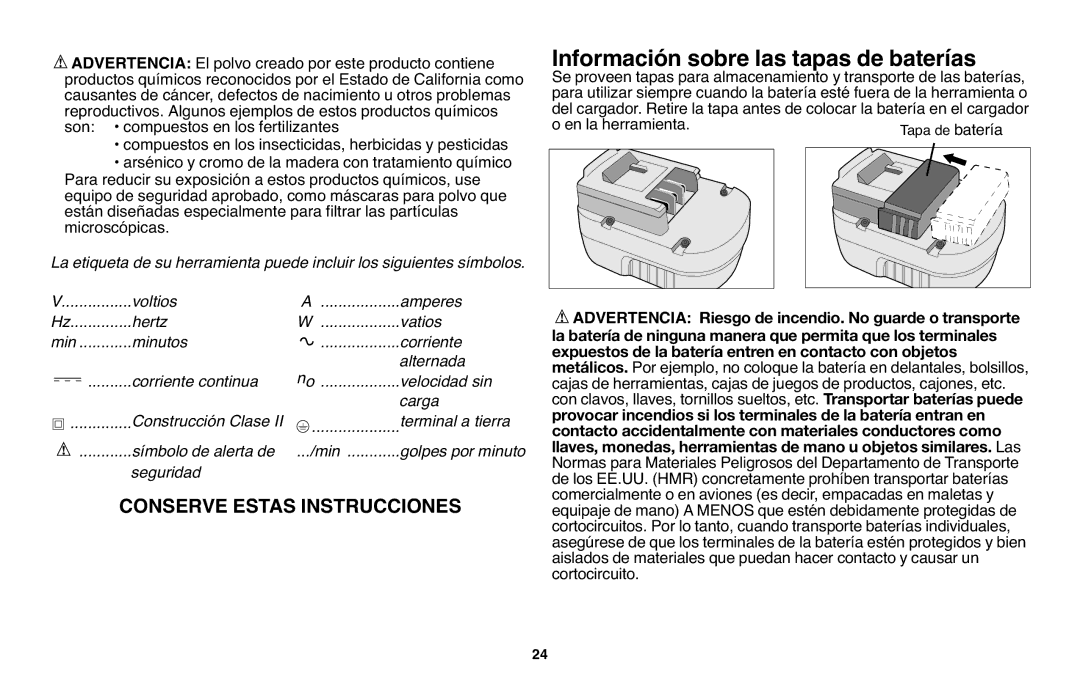 Black & Decker NPT318 instruction manual Información sobre las tapas de baterías 