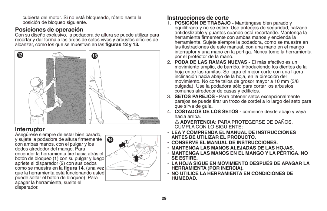 Black & Decker NPT318 instruction manual Posiciones de operación, Interruptor, Instrucciones de corte 