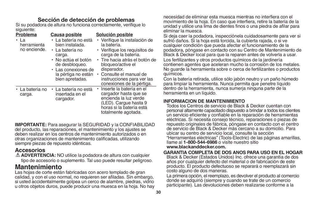 Black & Decker NPT318 instruction manual Accesorios, Siguiente, Causa posible Solución posible Problema 