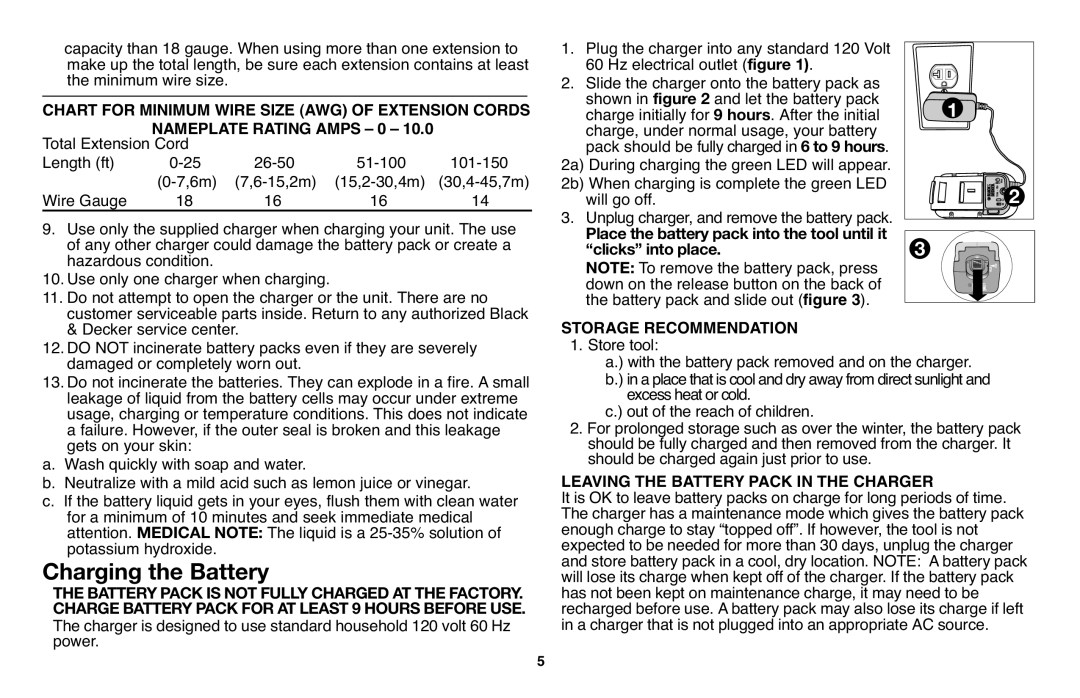 Black & Decker NPT318 Charging the Battery, Chart for Minimum Wire Size AWG of Extension Cords, Nameplate Rating Amps 0 