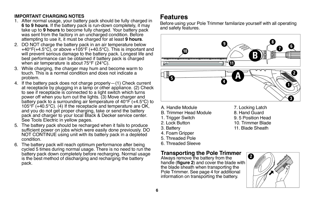 Black & Decker NPT318 instruction manual Features, Important Charging Notes 