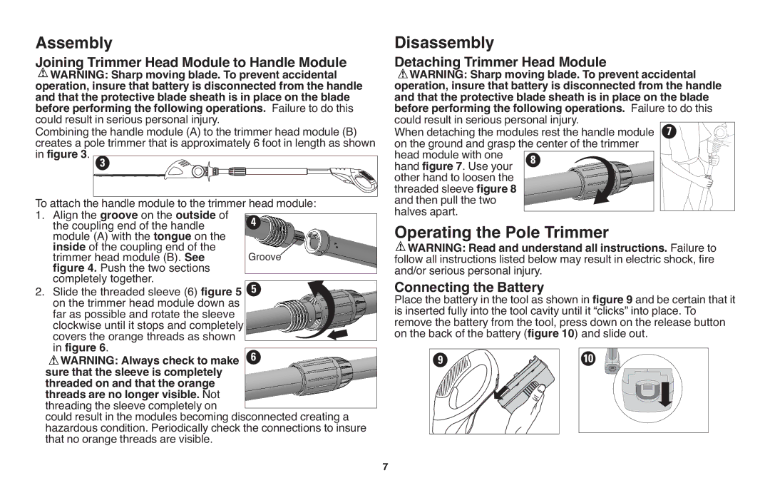 Black & Decker NPT318 instruction manual Assembly, Disassembly, Operating the Pole Trimmer, Detaching Trimmer Head Module 