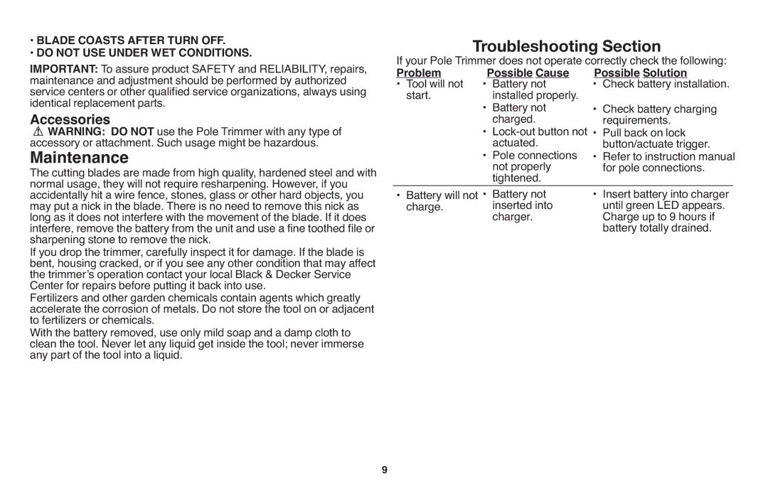 Black & Decker NPT318 Troubleshooting Section, Accessories, Blade Coasts After Turn OFF Do not USE Under WET Conditions 