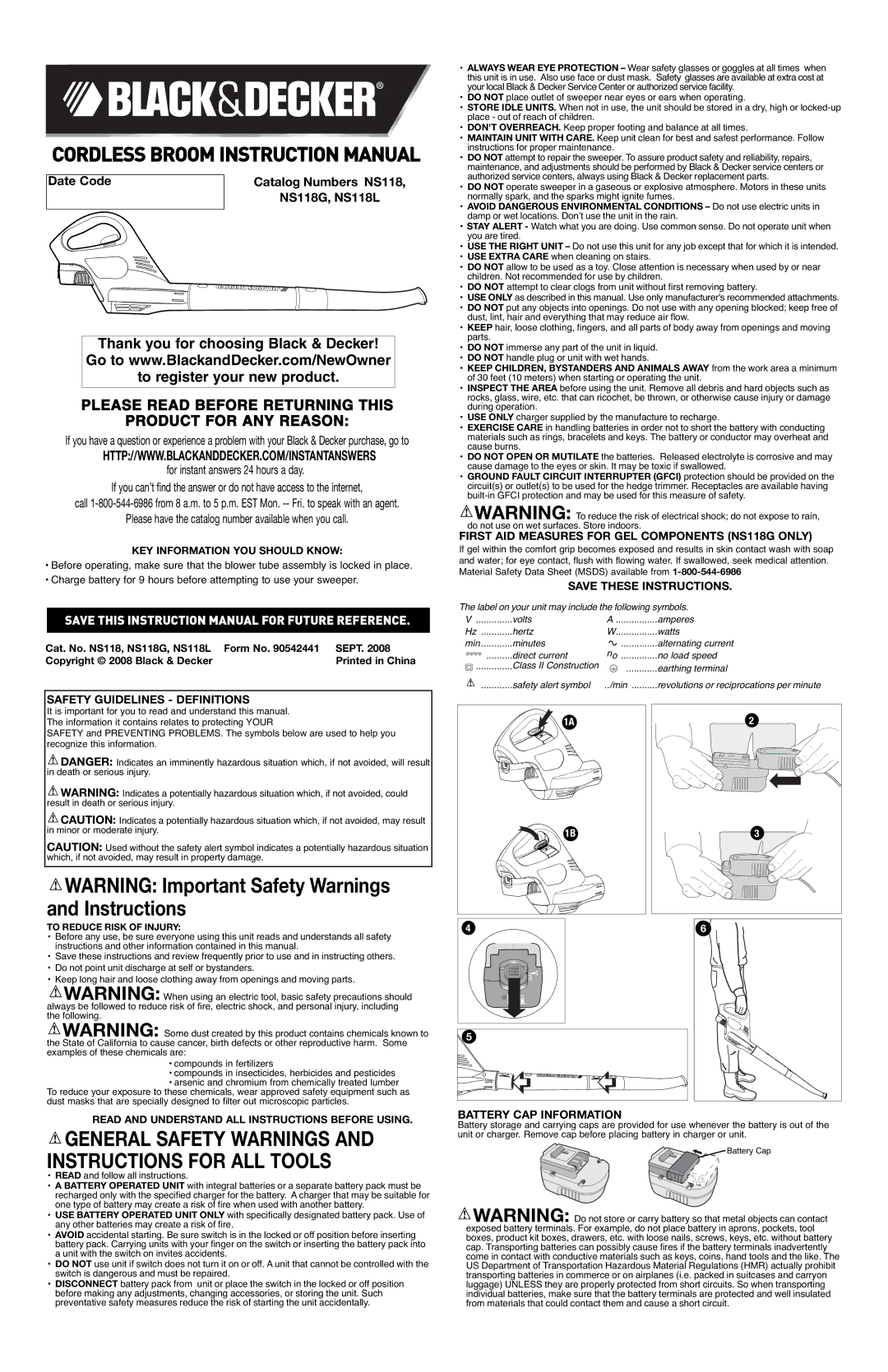 Black & Decker NS118L, NS118G instruction manual General Safety Warnings and Instructions for ALL Tools 