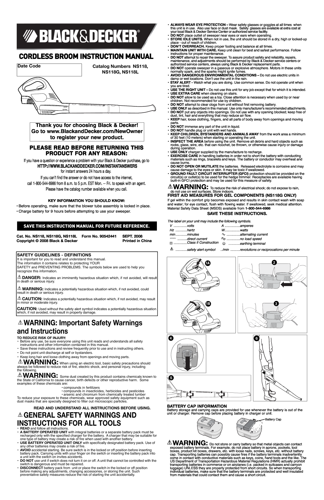 Black & Decker instruction manual Instruction Manual, Volt Sweeper, Safety Warnings And Instructions, NS118G, NS118L 