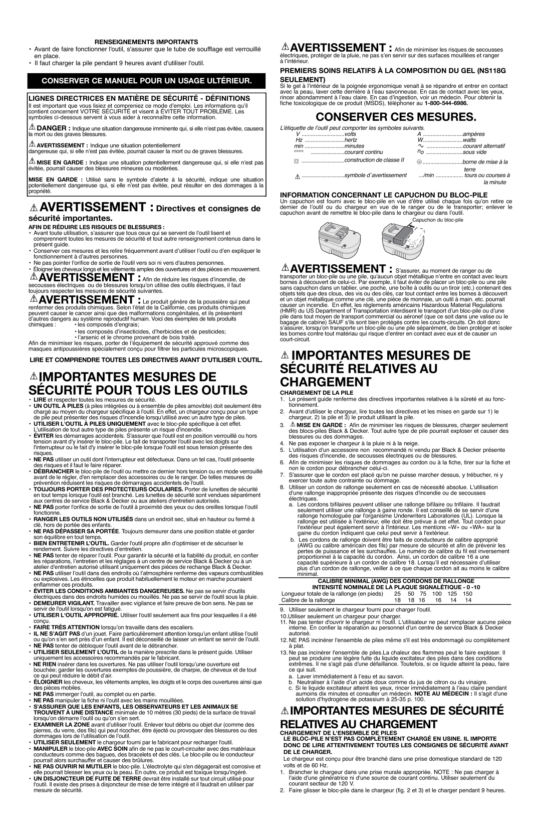 Black & Decker NS118L, NS118G Importantes Mesures De Sécurité Relatives Au Chargement, Conserver Ces Mesures 