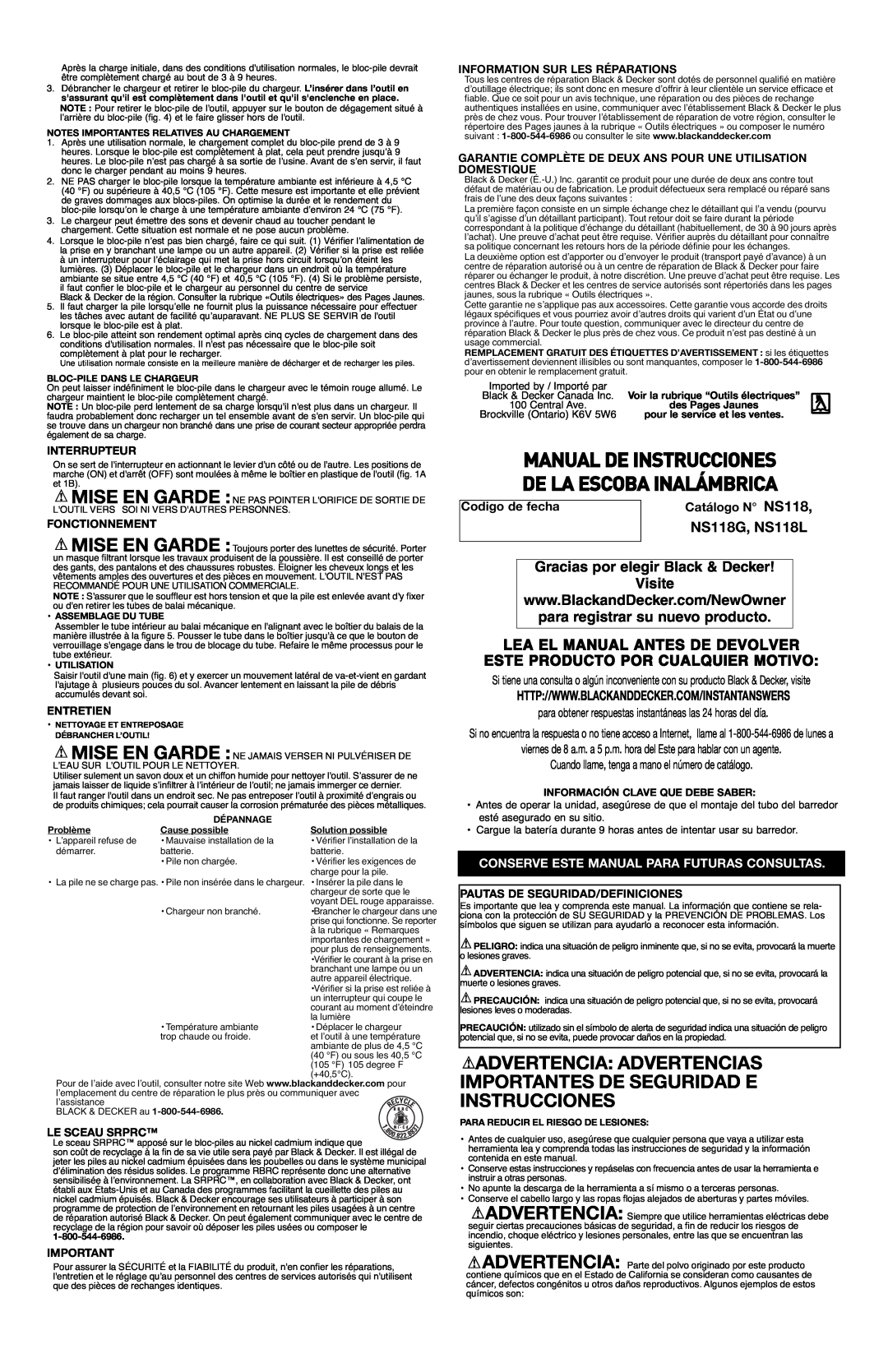 Black & Decker Manual De Instrucciones De La Escoba Inalámbrica, NS118G, NS118L, Este Producto Por Cualquier Motivo 