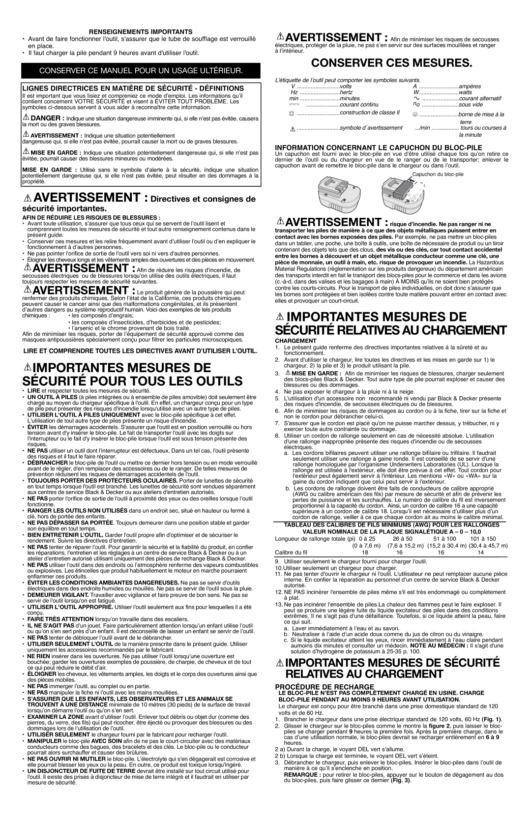 Black & Decker NS118L instruction manual Conserver CES Mesures, Importantes Mesures DE Sécurité Relatives AU Chargement 
