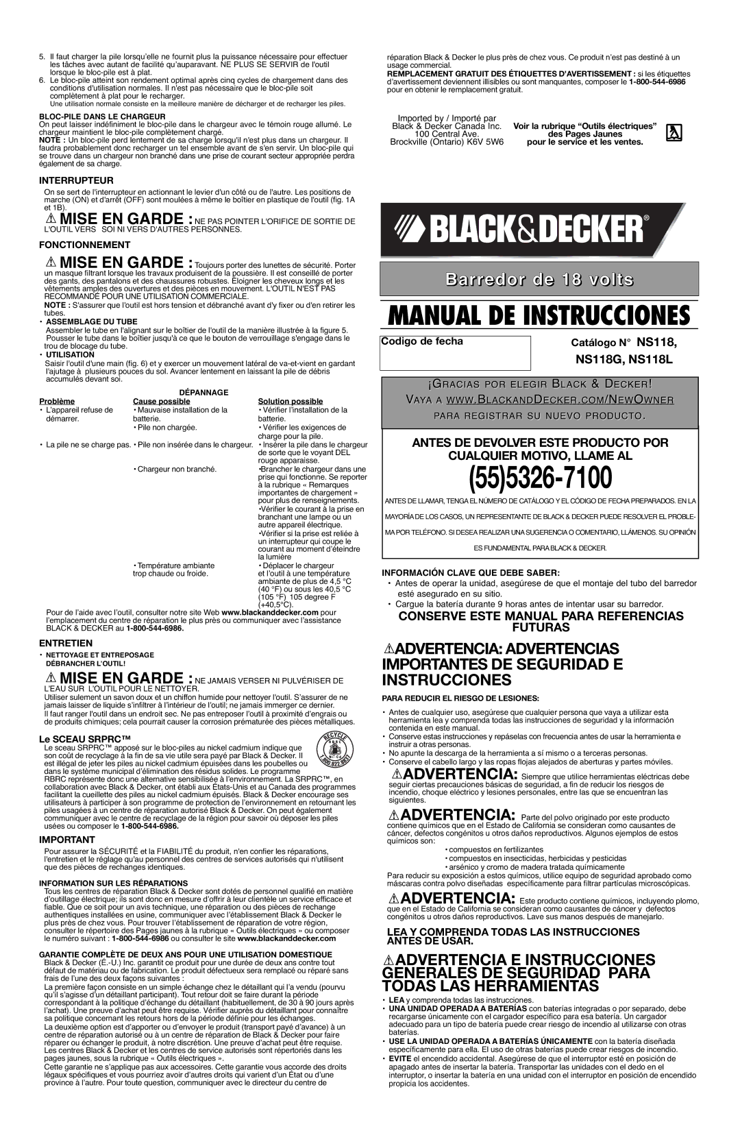 Black & Decker NS118 instruction manual Interrupteur, Fonctionnement, Entretien, Información Clave QUE Debe Saber 