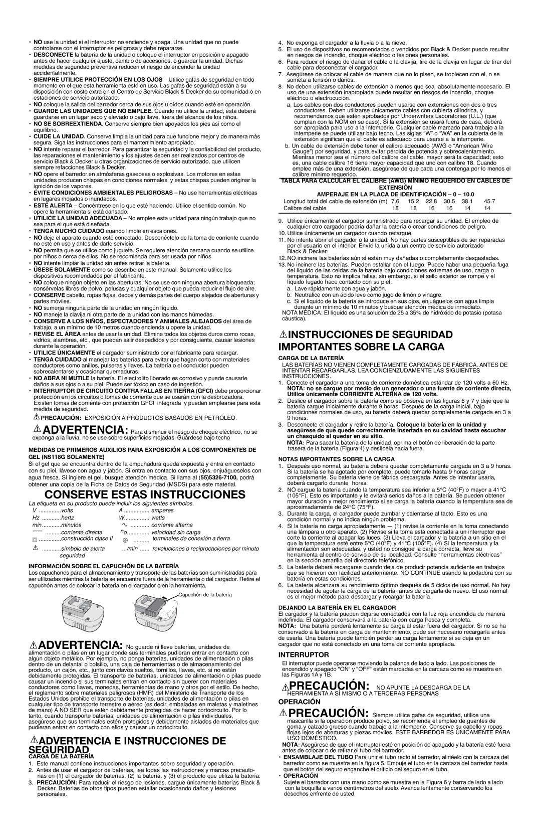 Black & Decker NS118 Advertencia E Instrucciones DE Seguridad, Instrucciones DE Seguridad Importantes Sobre LA Carga 