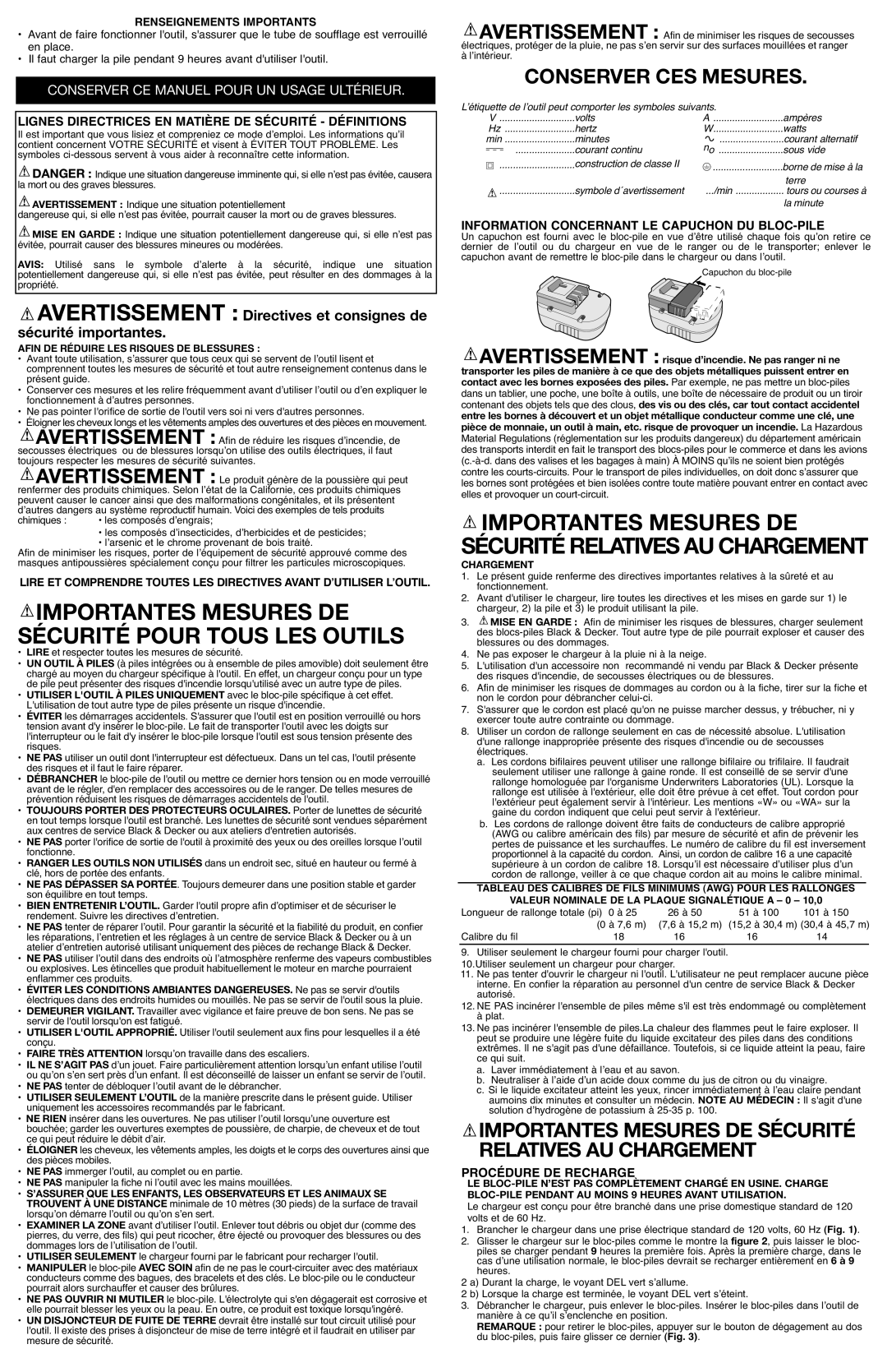 Black & Decker NS118 Importantes Mesures De, Sécurité Pour Tous Les Outils, Conserver Ces Mesures, Procédure De Recharge 