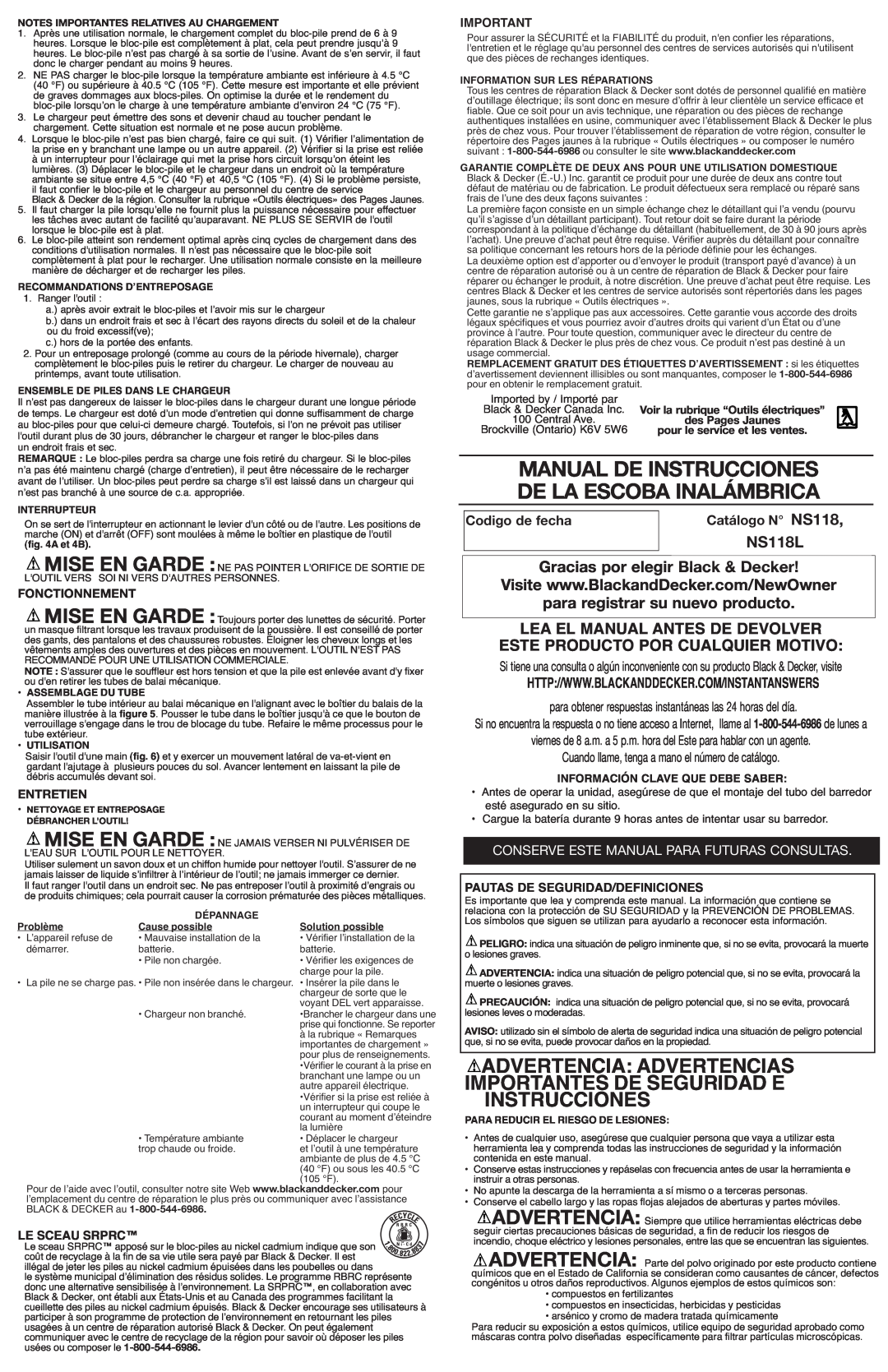 Black & Decker NS118 Manual De Instrucciones De La Escoba Inalámbrica, Importantes De Seguridad E Instrucciones, Entretien 
