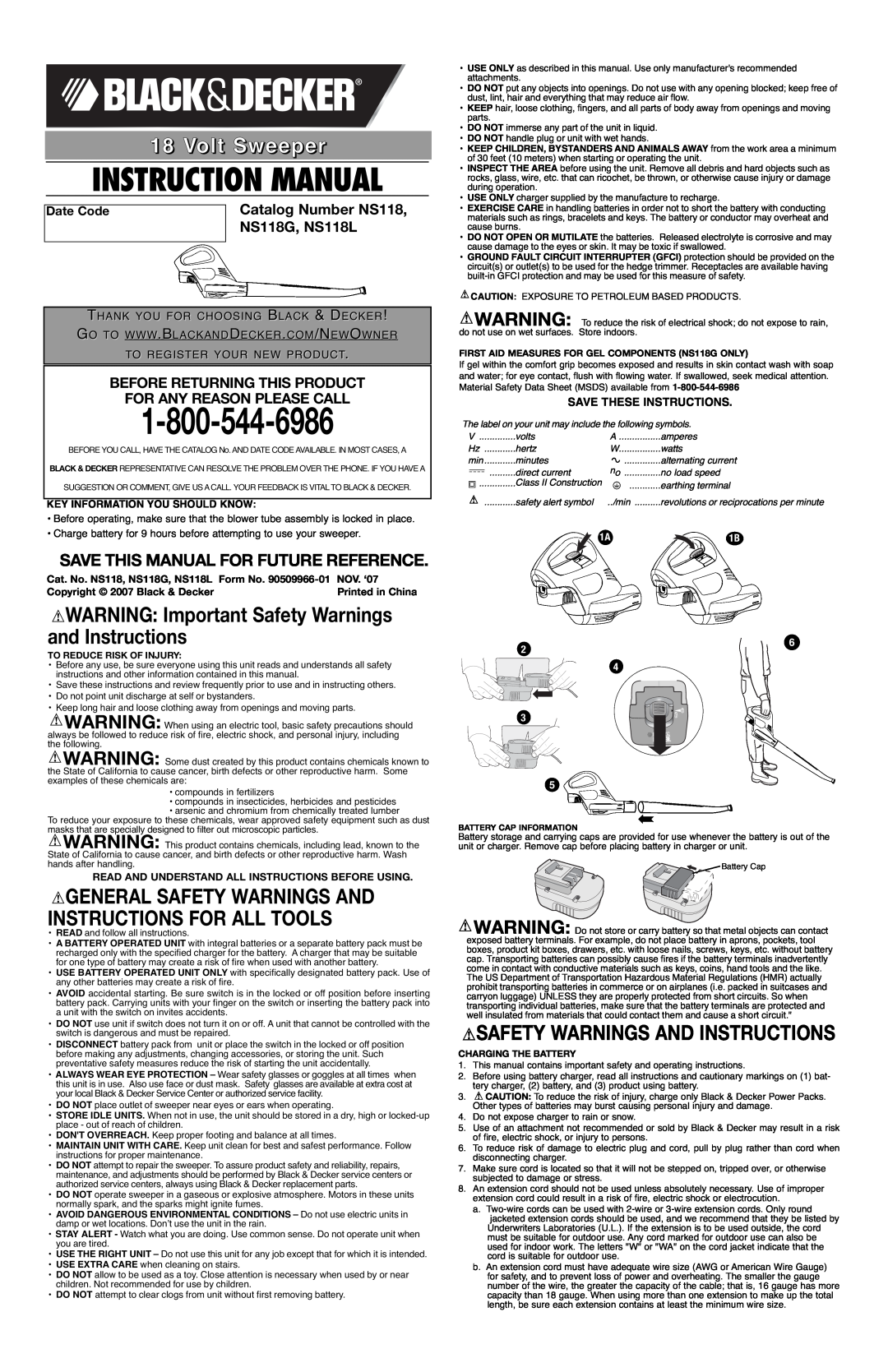 Black & Decker instruction manual WARNING Important Safety Warnings and Instructions, Date Code, NS118G, NS118L, Sept 