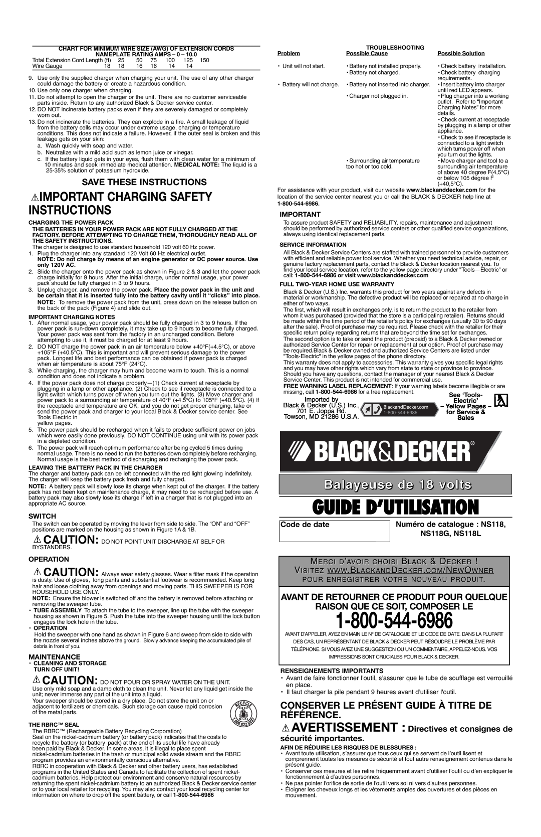 Black & Decker NS118 Guide D’Utilisation, Important Charging Safety Instructions, Balayeuse de 18 volts, Code de date 
