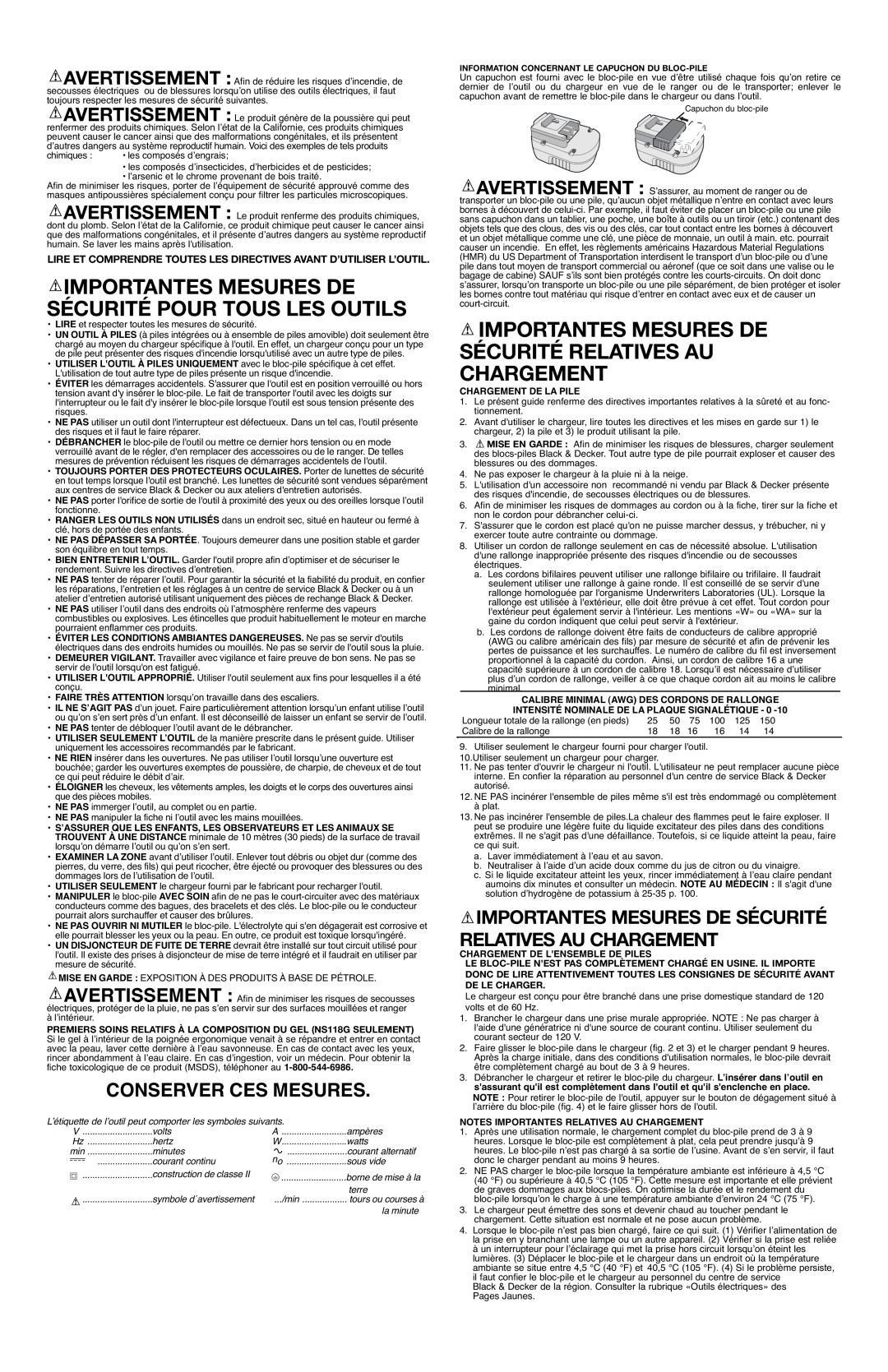 Black & Decker NS118 instruction manual Importantes Mesures De Sécurité Relatives Au Chargement, Conserver Ces Mesures 