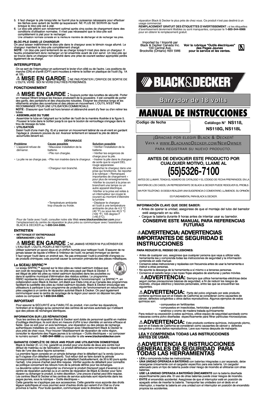 Black & Decker NS118 Barredor de 18 volts, Advertencia Advertencias Importantes De Seguridad E Instrucciones, Interrupteur 