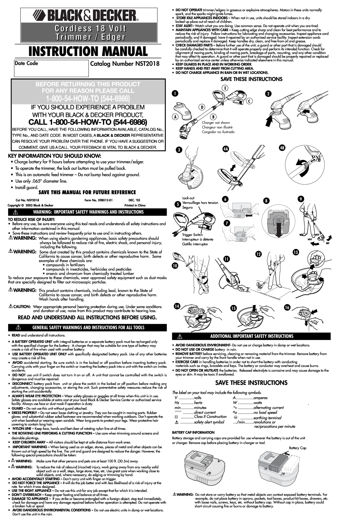Black & Decker NST-2018 instruction manual C o r d l e s s 1 8 V o l t T r i m m e r / E d g e r, Save These Instructions 