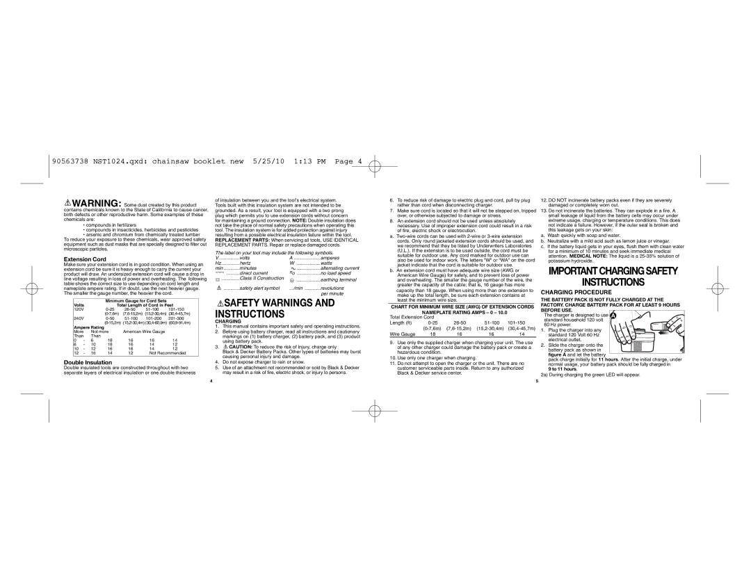 Black & Decker NST1024 instruction manual Extension Cord, Double Insulation, Charging Procedure, To 11 hours 