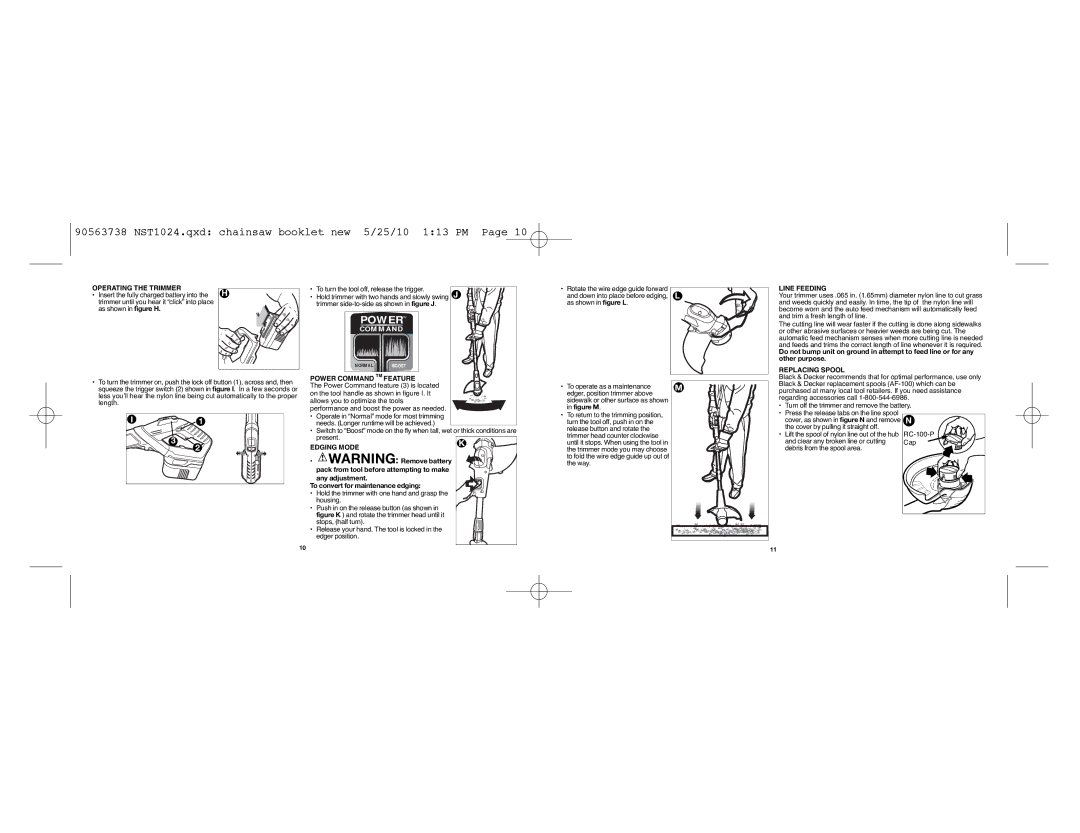 Black & Decker NST1024 Operating the Trimmer, Power Command TM Feature, Edging Mode, Line Feeding, Replacing Spool 