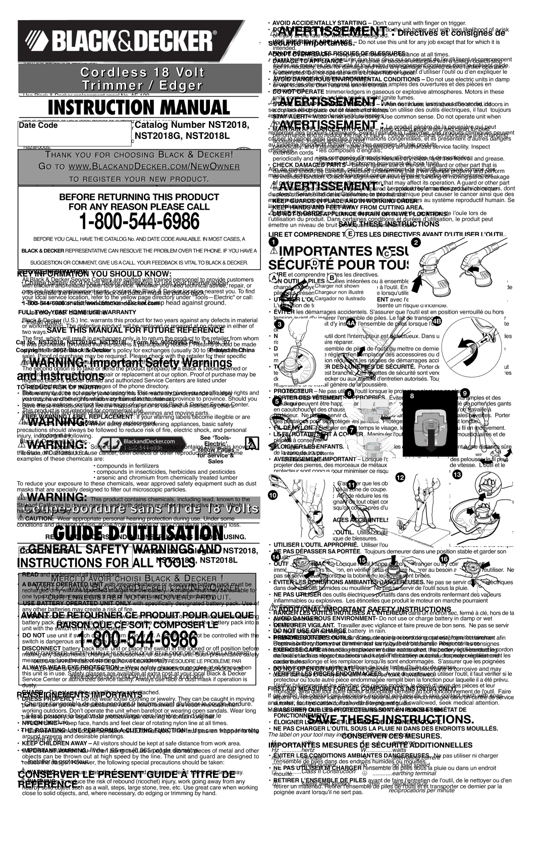 Black & Decker NST2018L Importantes Mesures DE Sécurité Pour Tous LES Outils, Renseignements Importants, Maintenance 