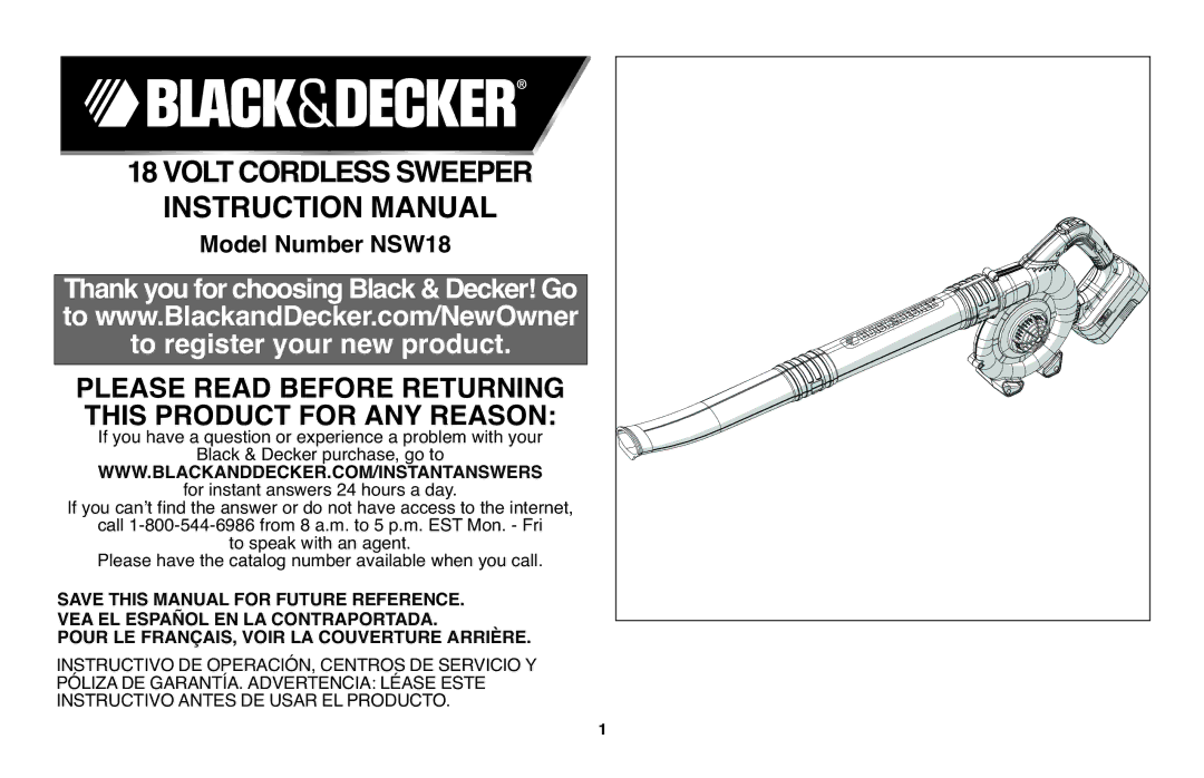 Black & Decker NSW18 instruction manual 18VOLTCORDLESSSWEEPER 