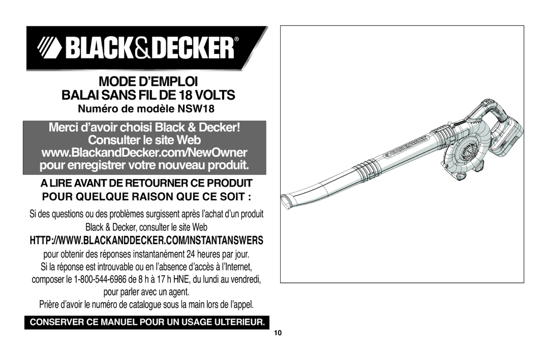 Black & Decker NSW18 instruction manual BALAISANSFILDE18VOLTS 