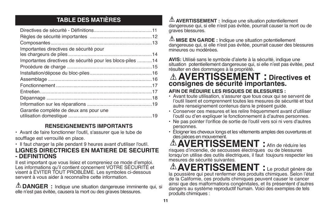 Black & Decker NSW18 Table DES Matières, Definitions, Afin DE Réduire LES Risques DE Blessures, Afin de réduire les 