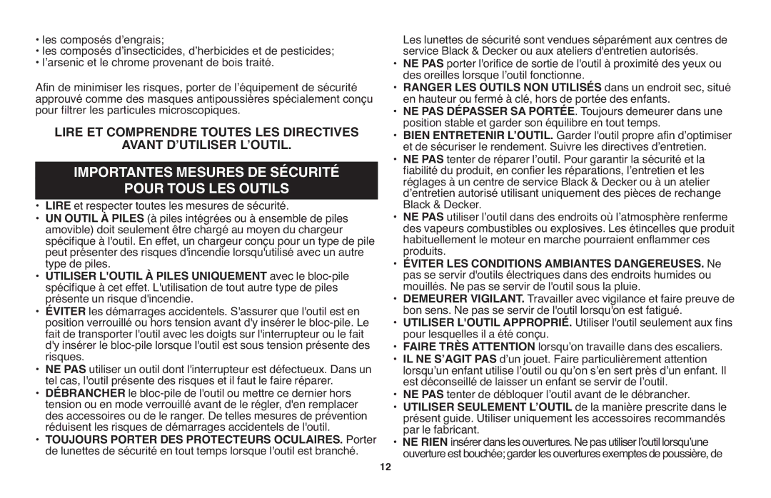 Black & Decker NSW18 Importantes Mesures DE Sécurité, Utiliser Loutil À Piles Uniquement avec le bloc-pile 