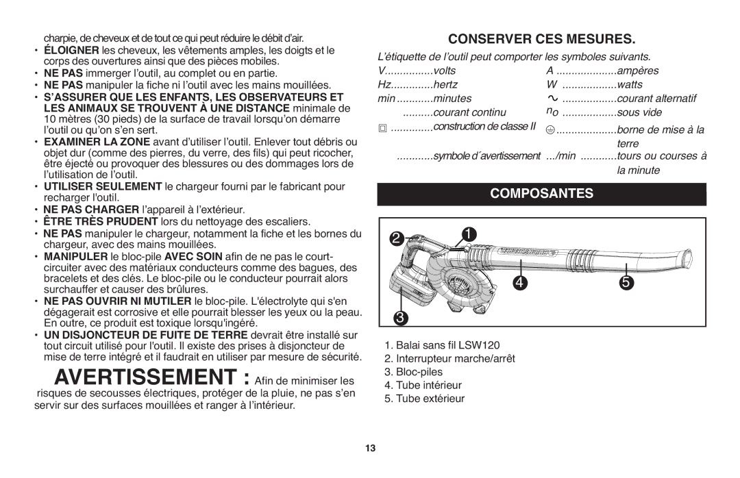 Black & Decker NSW18 instruction manual Composantes, SʼASSURER QUE LES ENFANTS, LES Observateurset 