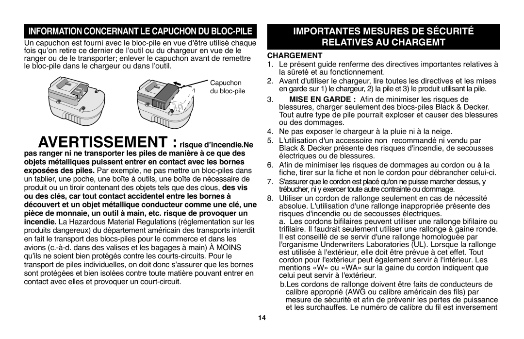 Black & Decker NSW18 instruction manual Calibre approprié AWG ou calibre américain des fils par 