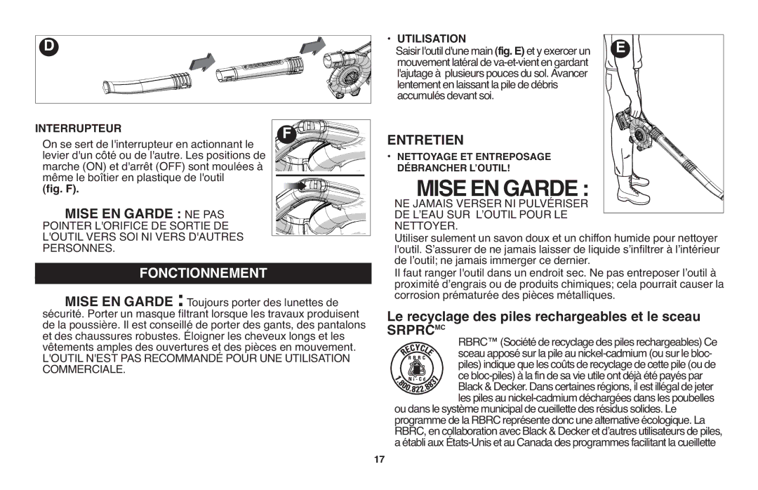 Black & Decker NSW18 instruction manual Mise EN Garde NE PAS, Fonctionnement, Srprcmc, Interrupteur 