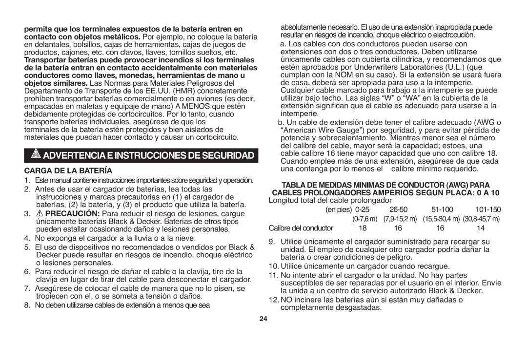 Black & Decker NSW18 instruction manual Advertenciaeinstruccionesdeseguridad, Tablade Medidasminimas Deconductor Awgpara 