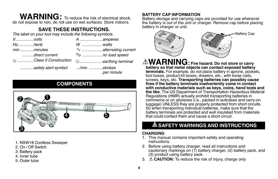 Black & Decker NSW18 instruction manual Components, Safety Warnings and Instructions Charging, Battery CAP Information 