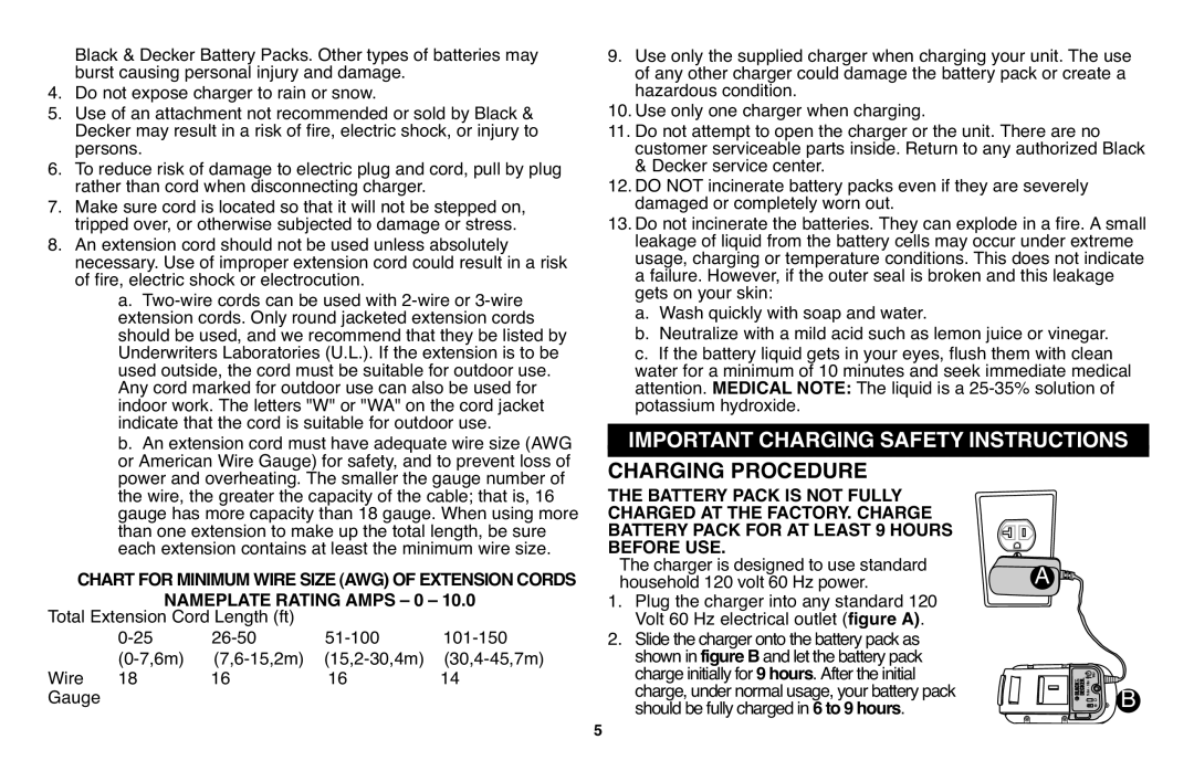 Black & Decker NSW18 Charging Procedure, Chartforminimumwiresizeawgofextension Cords, Nameplate Rating Amps 0 