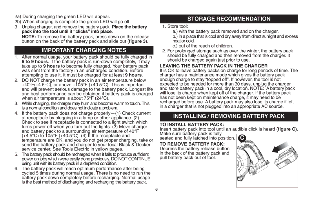 Black & Decker NSW18 instruction manual Installing / Removing Battery Pack, Leaving the Battery Pack in the Charger 