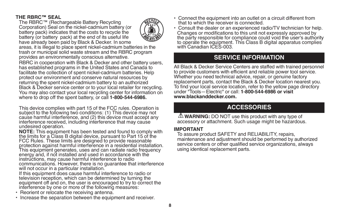 Black & Decker NSW18 instruction manual Service Information Accessories, Rbrc Seal 