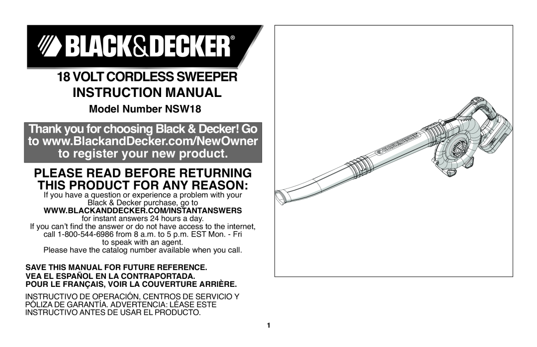 Black & Decker instruction manual 18VOLTCORDLESSSWEEPER, Model Number NSW18, to register your new product 